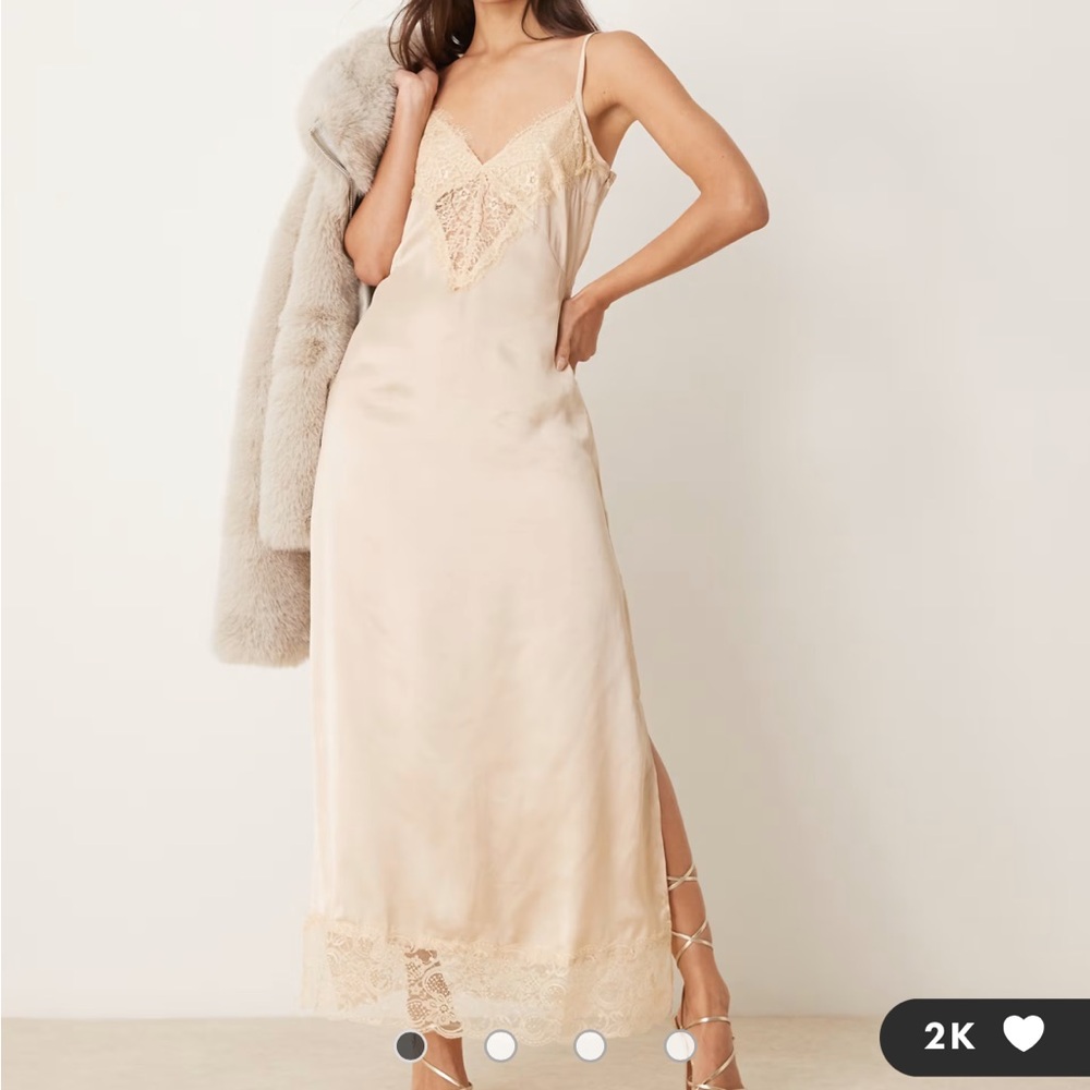 ASOS Beige Satin Maxi Dress with Lace Detail - Picture 2 of 3